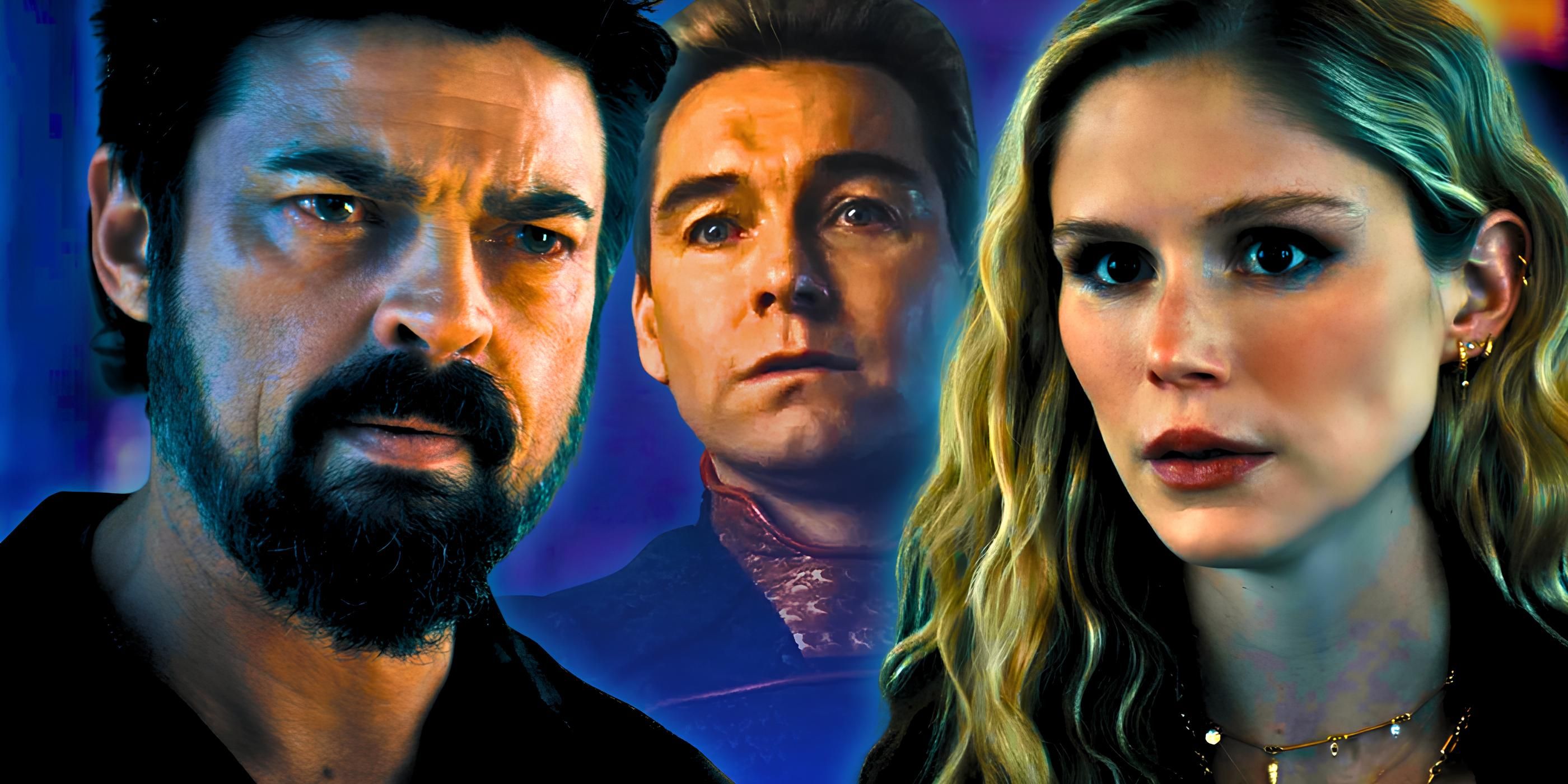 Karl Urban as Billy Butcher, Antony Starr as Homelander, and Erin Moriarty as Starlight in The Boys season 4
