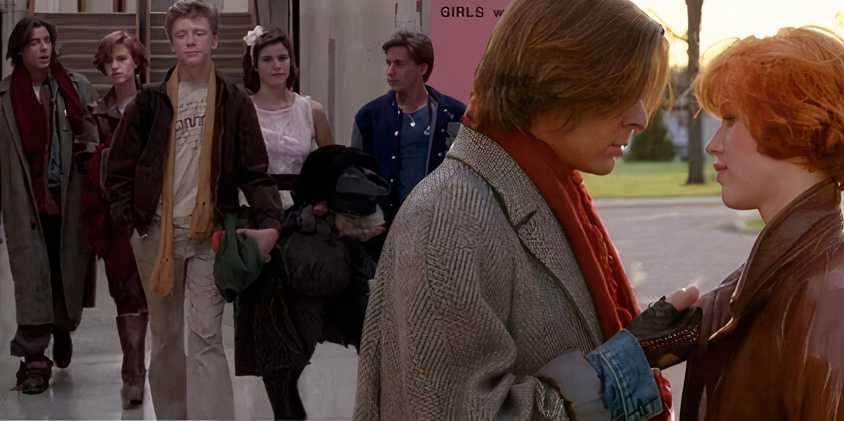Collage of the teens from The Breakfast Club in the hallway and of John about to kiss Claire