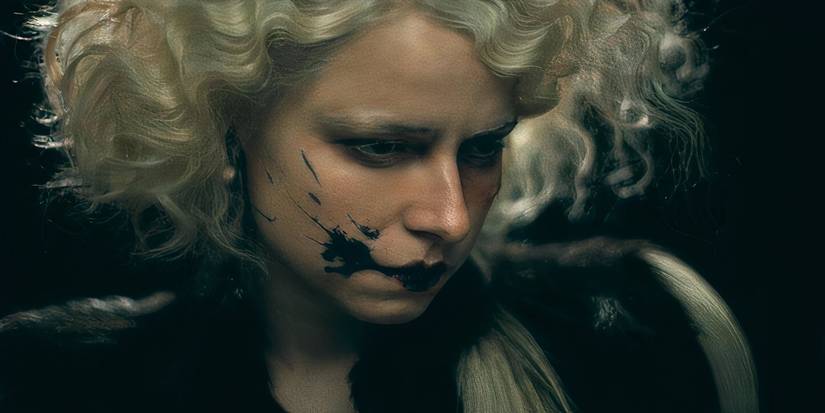 Jessie Buckley as The Bride with something dark smeared on her mouth in The Bride