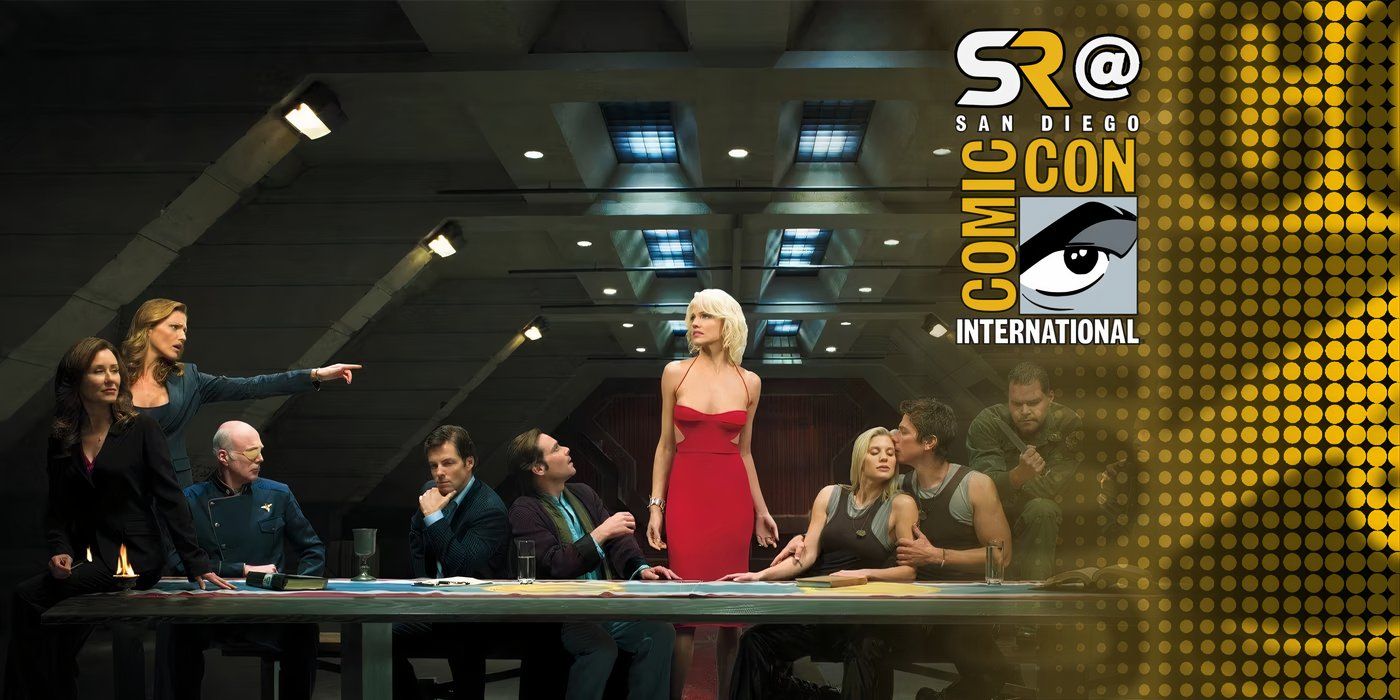 The cast of Battlestar Galactica sitting around a table together with an SDCC overlay