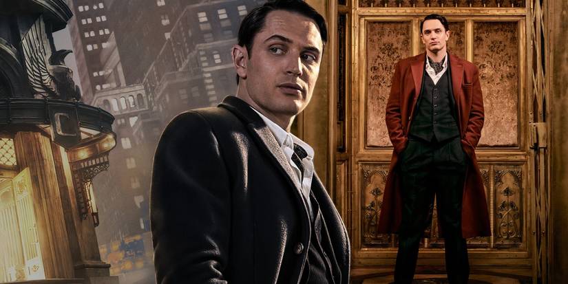 A composite image of Winston looking over his shoulder in front of the Continental with Winston standing in the elevator in The Continental Season 1 
