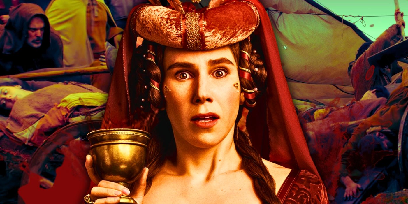 Zosia Mamet holds up a goblet with shock on her face in front of an image of a plague pit from The Decameron