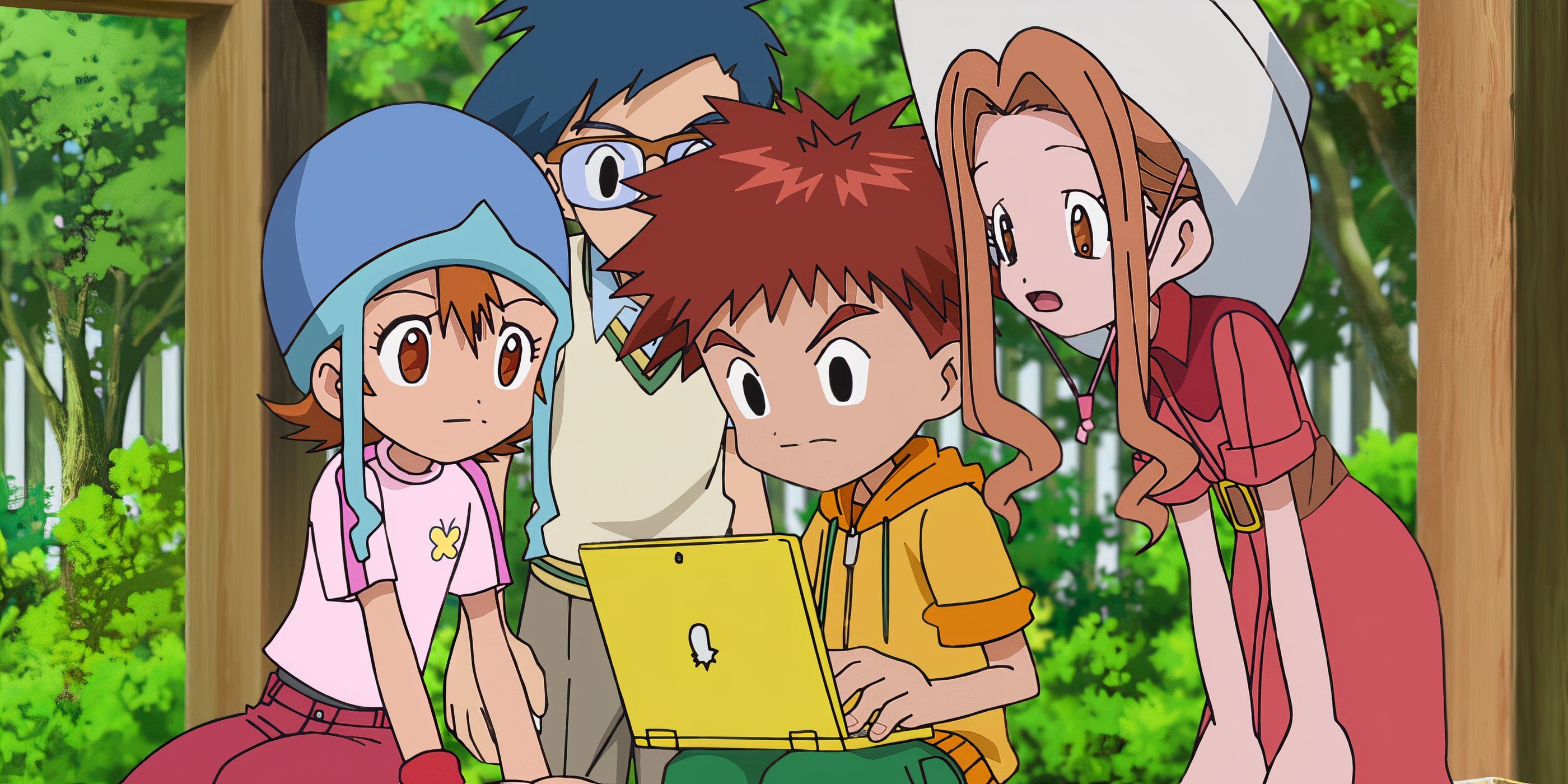 The DigiDestined look at Izzy&rsquo;s yellow laptop in the park.