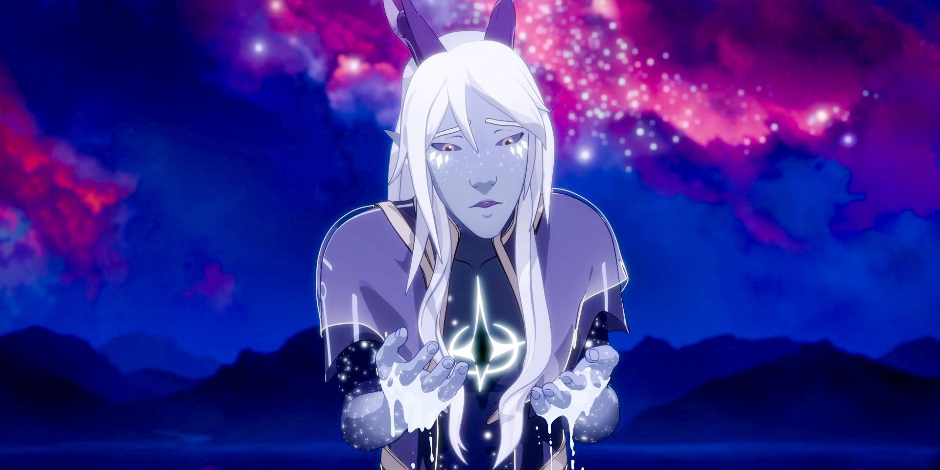 Aaravos standing before a dark sky full of clouds and stars in The Dragon Prince