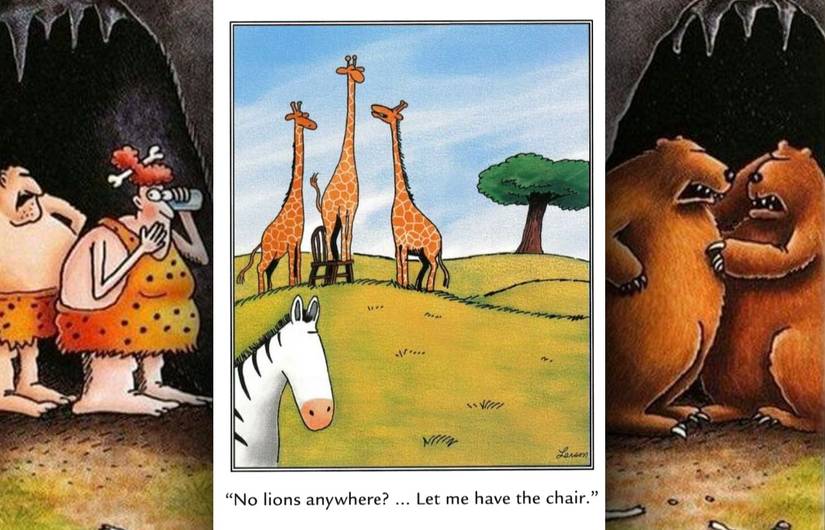 the far side giraffe standing on a chair