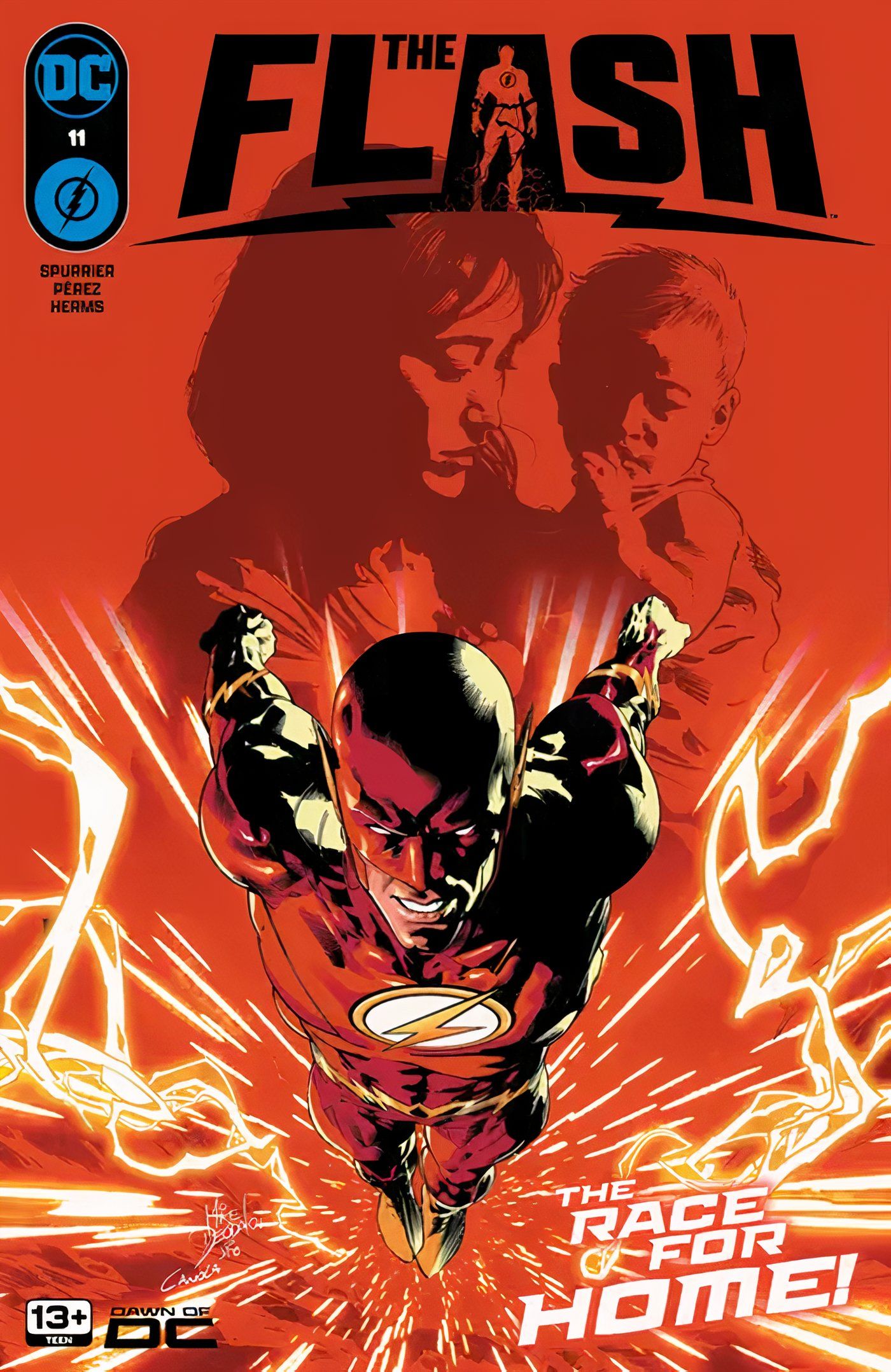 The Flash 11 Main Cover: Wally West runs forward in front of a shadow of Linda Park-West and baby Wade.