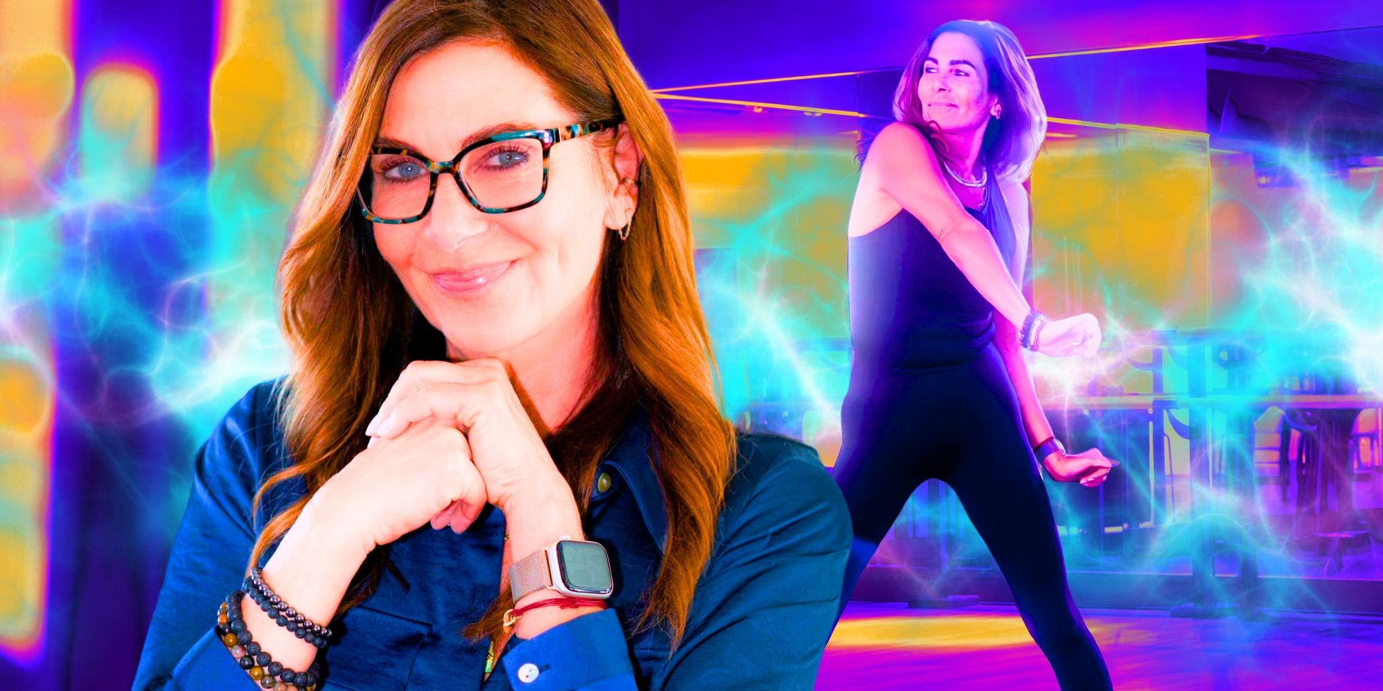 The Golden Bachelor Leslie Fhima in side by side images posing and dancing with multicolored background