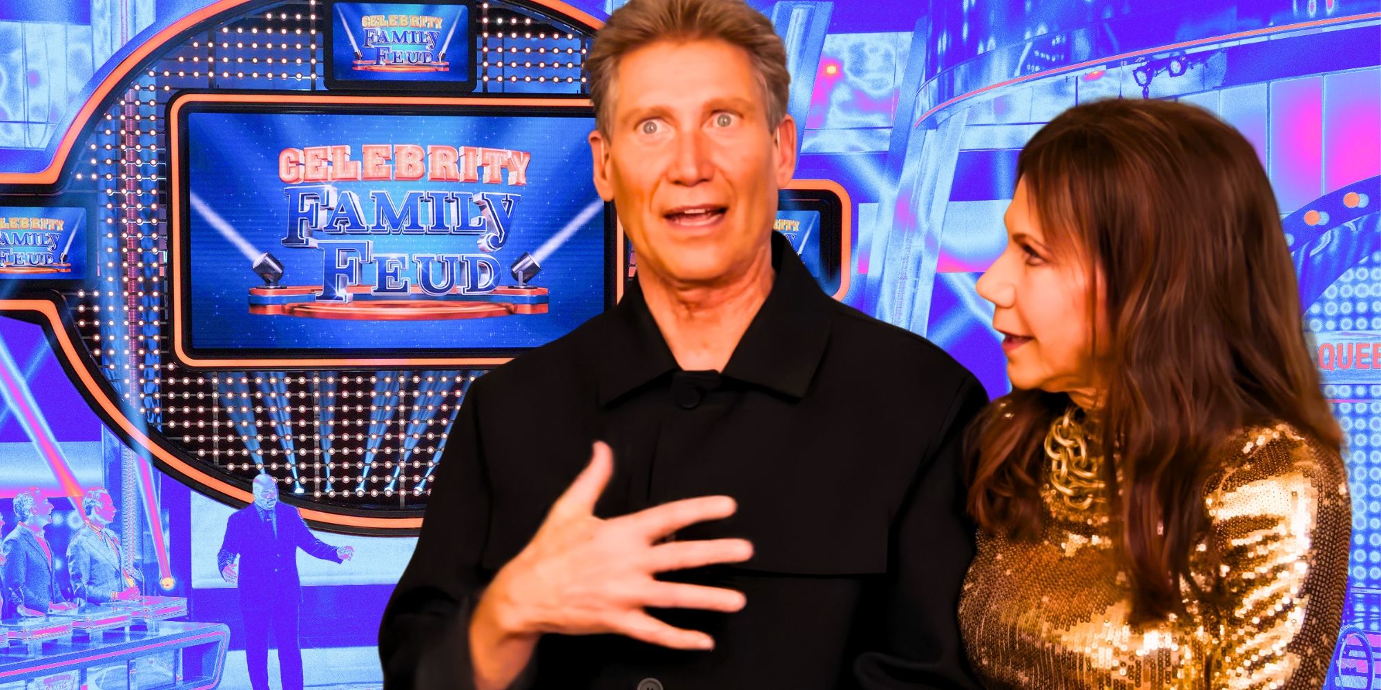 The Golden Bachelor’s Gerry Turner and Theresa Nist look awkward in front of Celebrity Family Feud set.