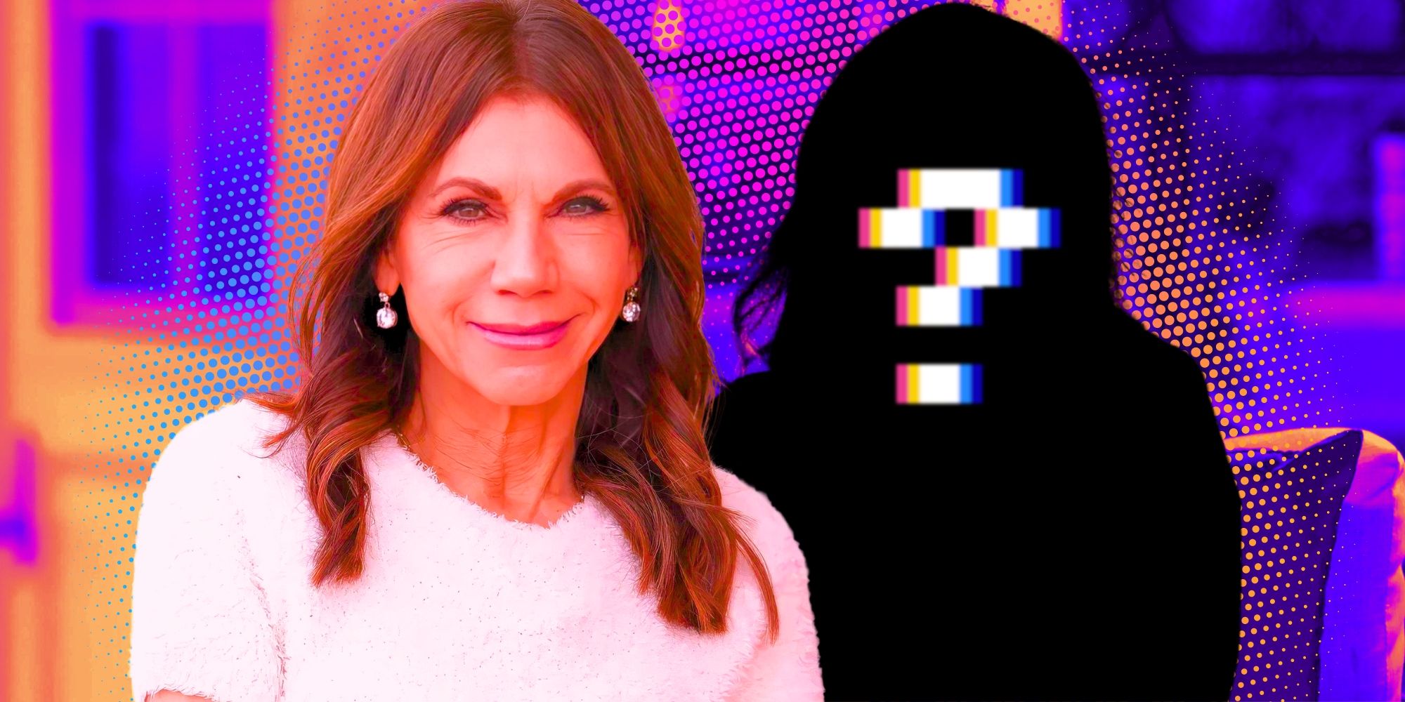 The Golden Bachelor Theresa Nist smiling close mouthed next to a mystery figure