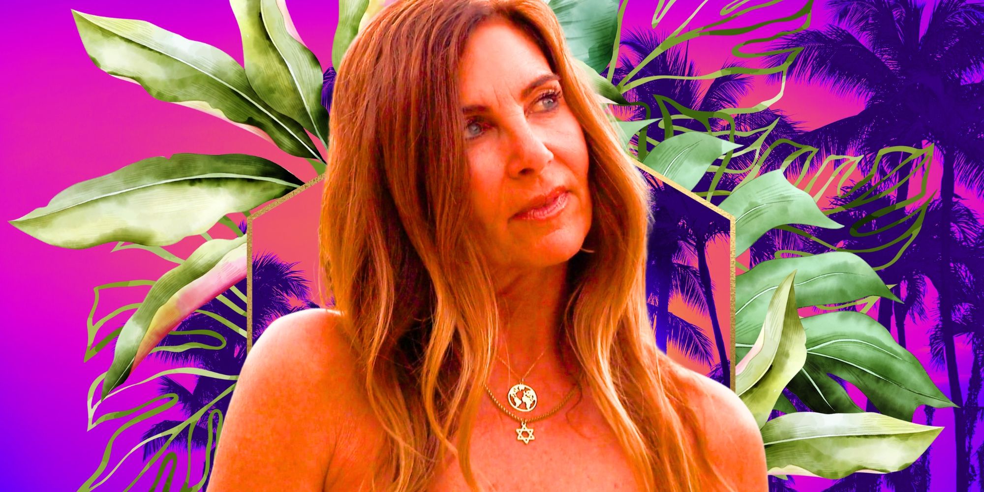 The Golden Bachelor&rsquo;s Leslie Fhima stares off into the distance, in front of green leaves.