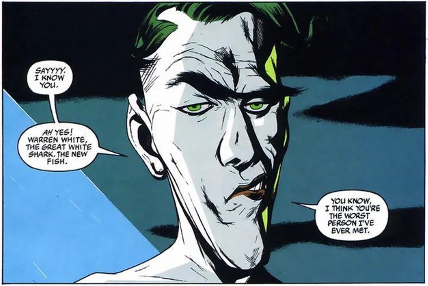 o coringa odeia warren white também conhecido como o grande tubarão branco do asilo arkham, o inferno vivo