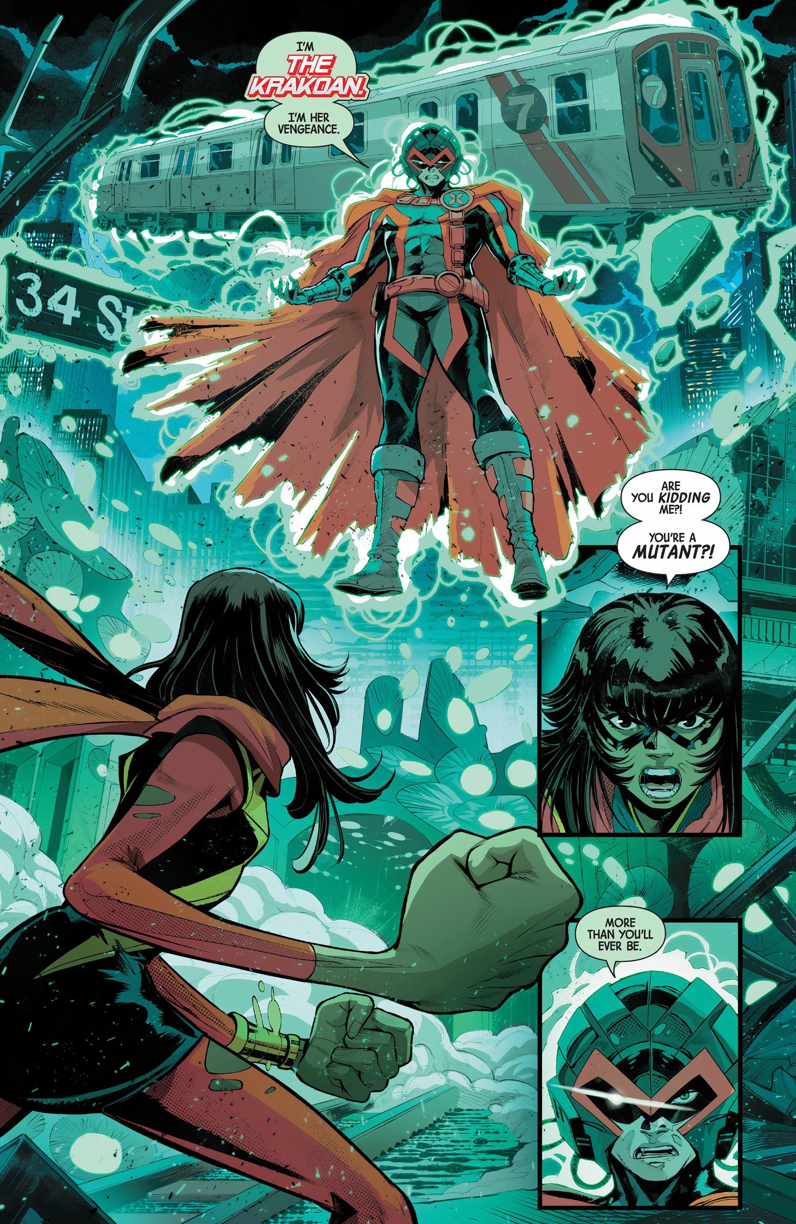  The Krakoan hovers in front of Ms. Marvel using green telekinetic energy. 