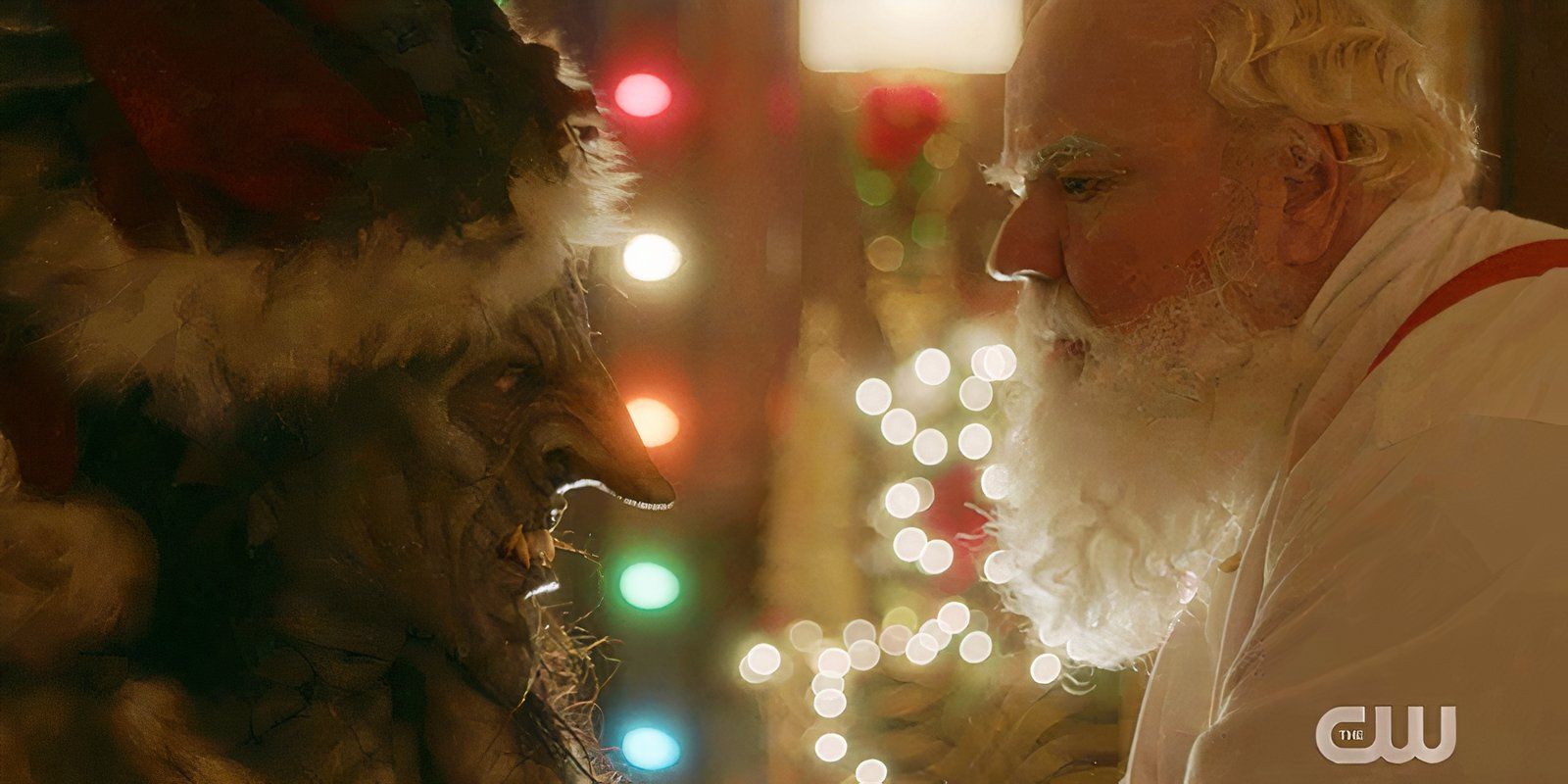 The Krampus looks at the face of Santa in Legacies
