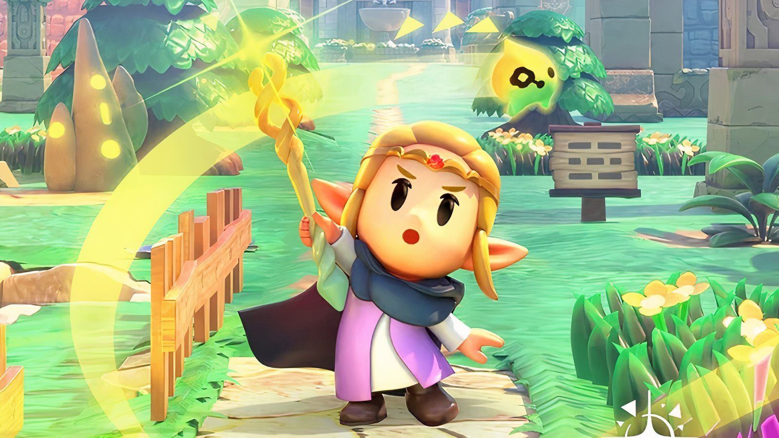 Princess Zelda in Echoes of Wisdom holding a glowing wand above her head.