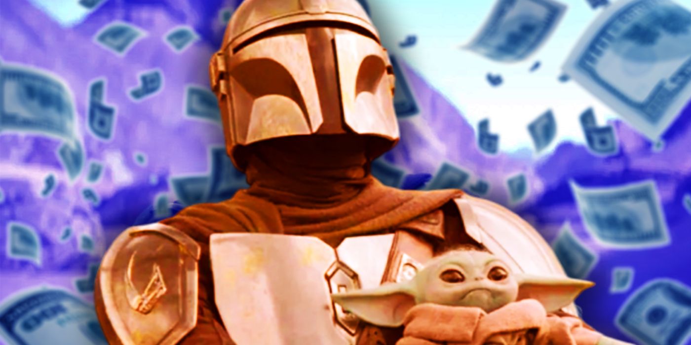 The Mandalorian Holding Grogu in front of a Purple Background with Floating Money