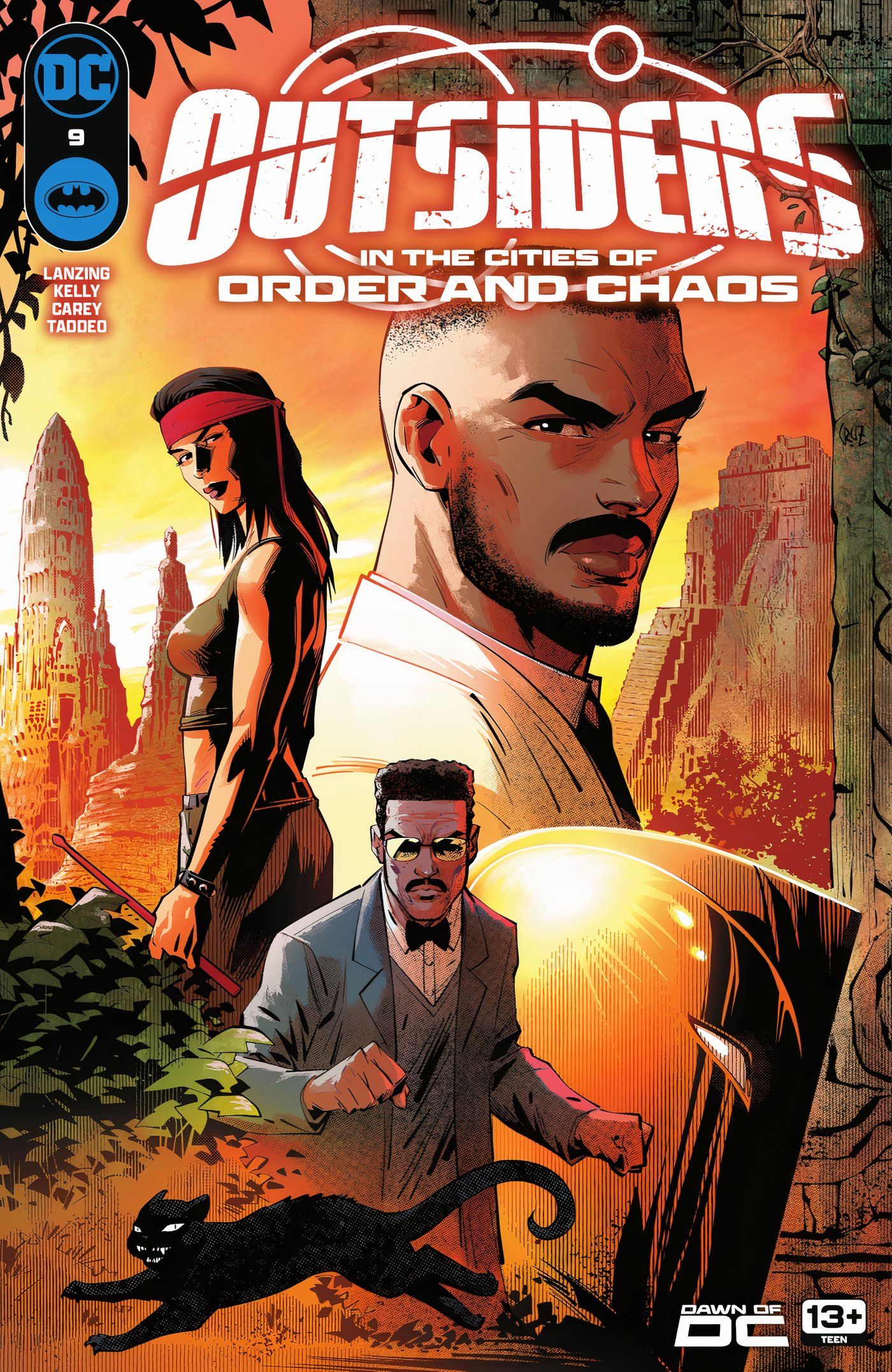 Outsiders 9 Main Cover: Batwing, Drummer, Doctor Fate, and Lucius Fox in a jungle setting.