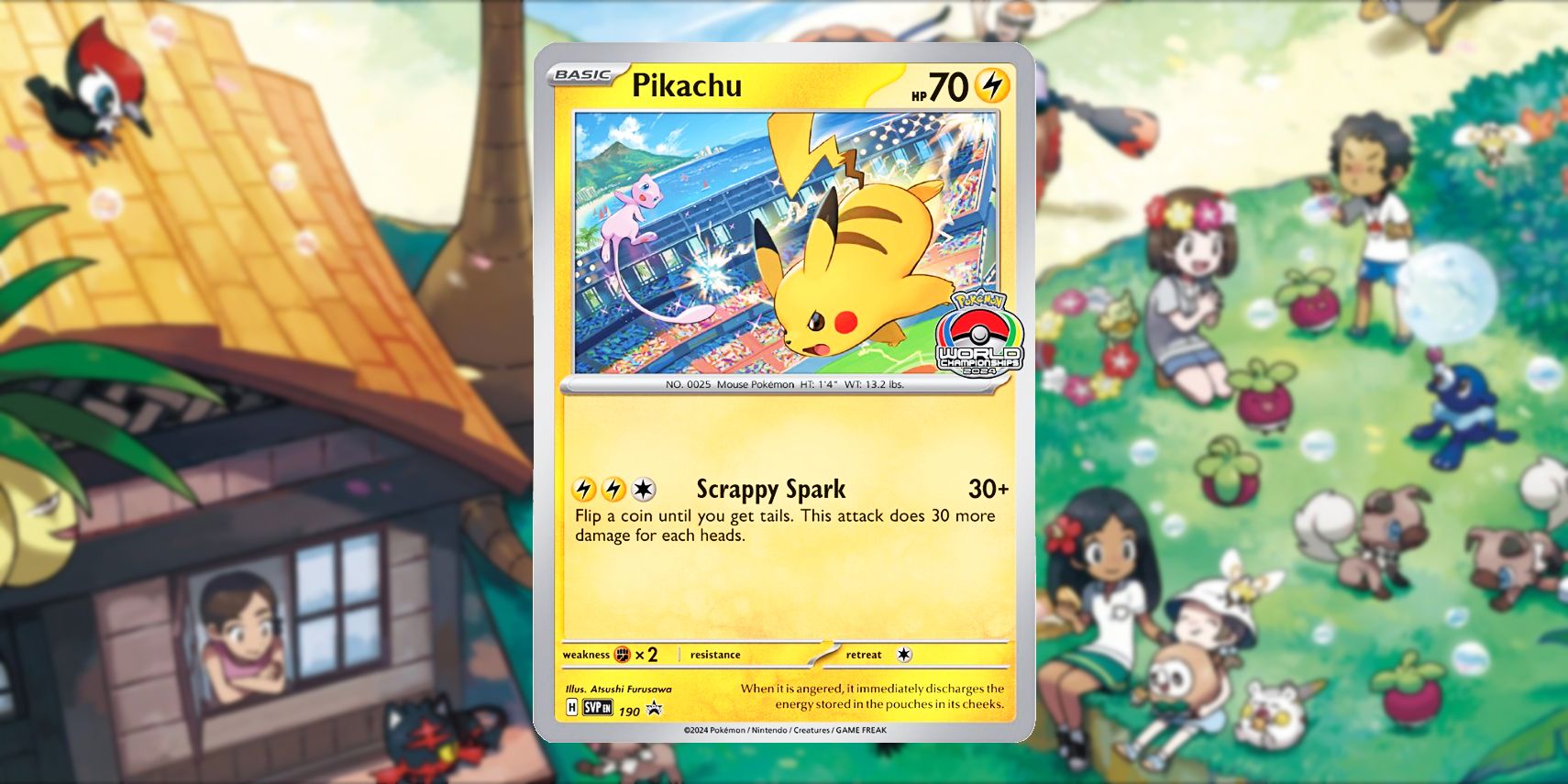 The Pokemon Worlds 2024 Pikachu promo card depicts Pikachu and Mew battling in an arena against a background showing several trainers playing with their Pokemon on Alolan Hill.