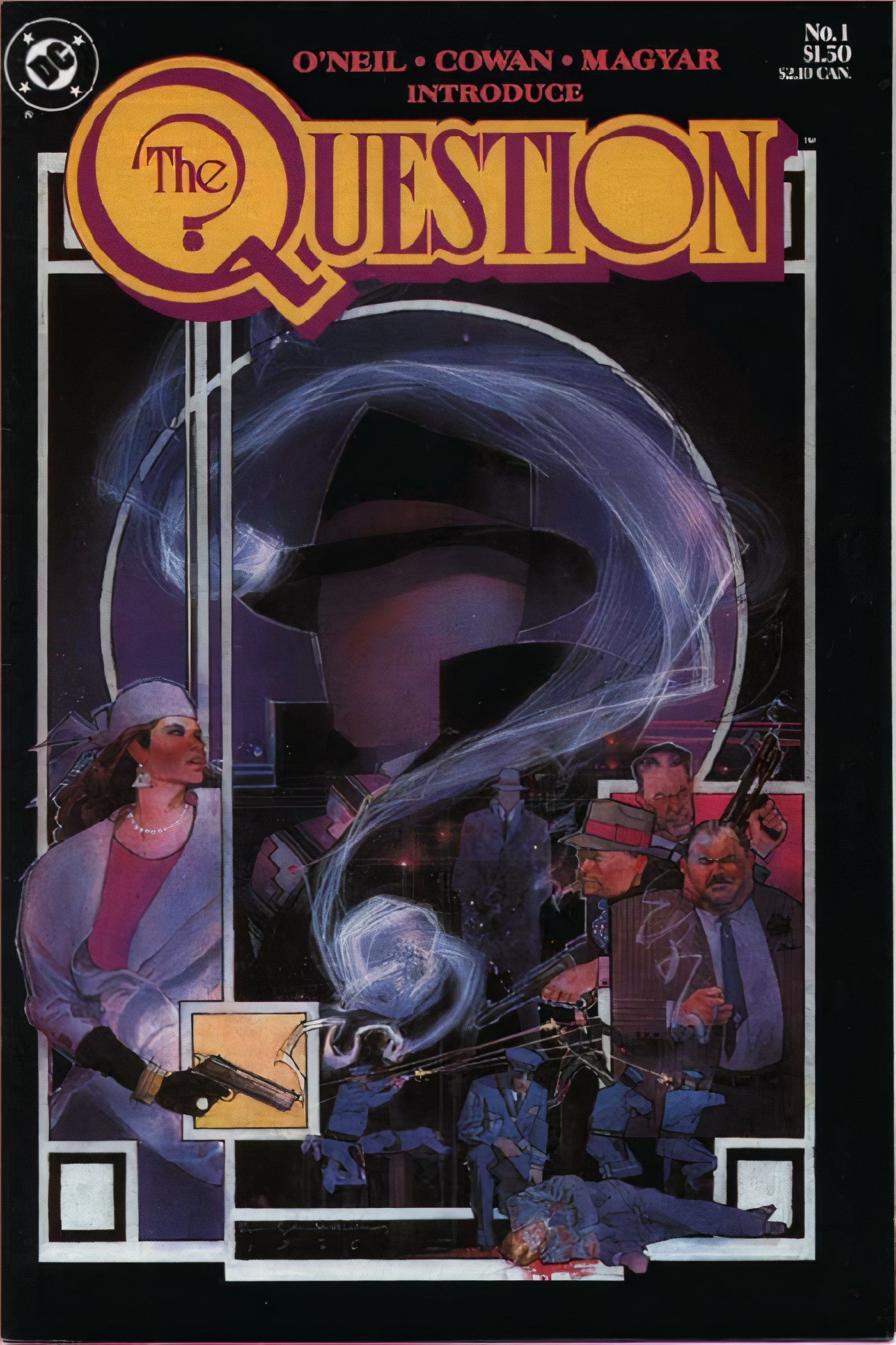 The Question #1, capa em estilo pôster do filme do herói principal e elenco de Bill Sienkievicz