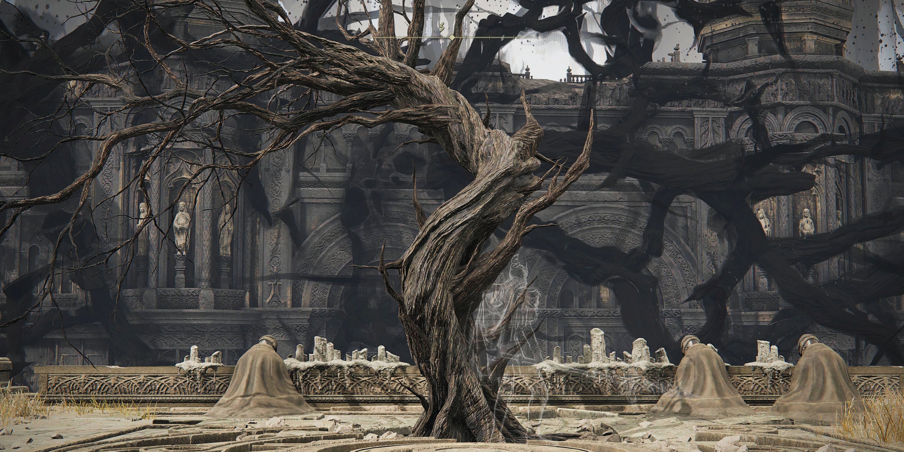 El árbol de las focas, un tronco oscuro, desnudo y lloroso, en el corazón de las ruinas de Rauch en la captura de pantalla de Ring of Elden - Shadow of Erdtree.