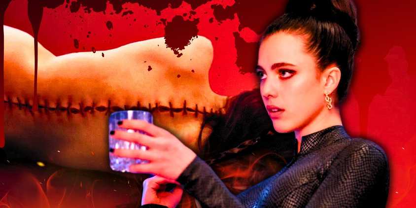 An image on a blood-splattered background with stills from The Substance film. In the background is the stitched up back of the protagonist (Elisabeth) and in the foreground is her younger double (Sue), who is holding her hair in one hand and a glass in the other and dressed in all black.