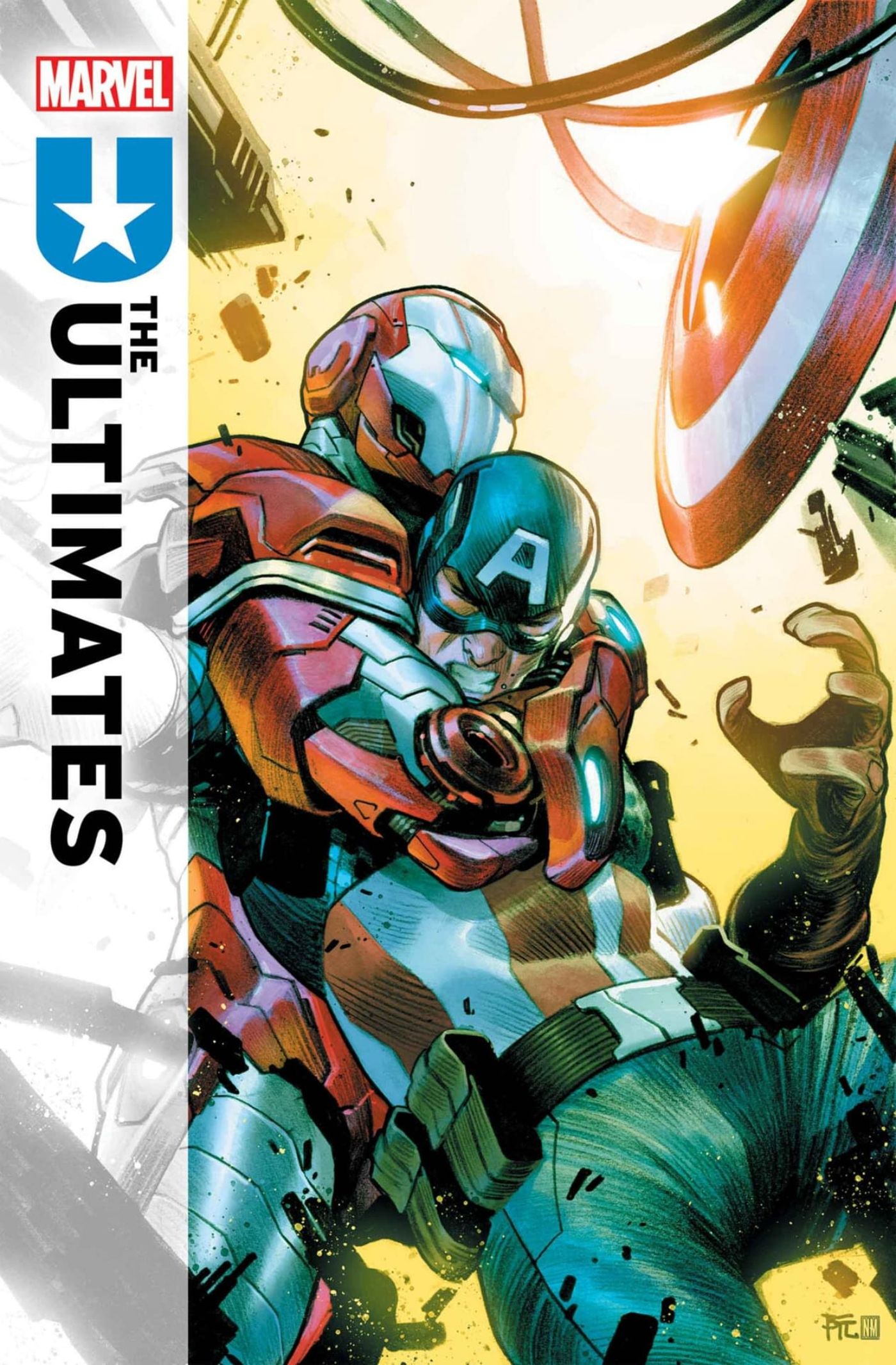 Portada de Ultimates #2 con Iron Man luchando contra el Capitán América.