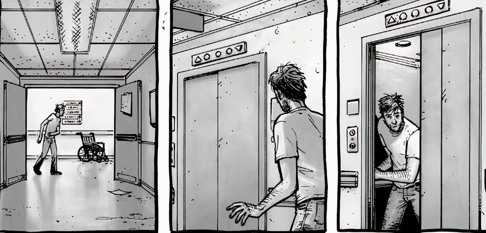 The Walking Dead #1, Rick exploring the abandoned hallways of the hospital after waking from his coma