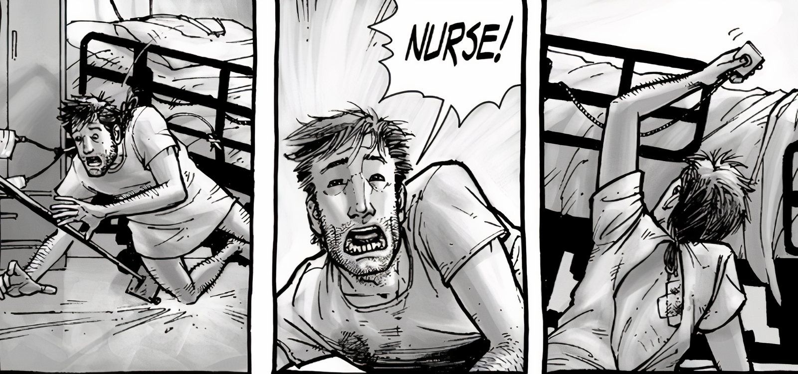 The Walking Dead #1, Rick falls out of his hospital bed and cries out for a nurse