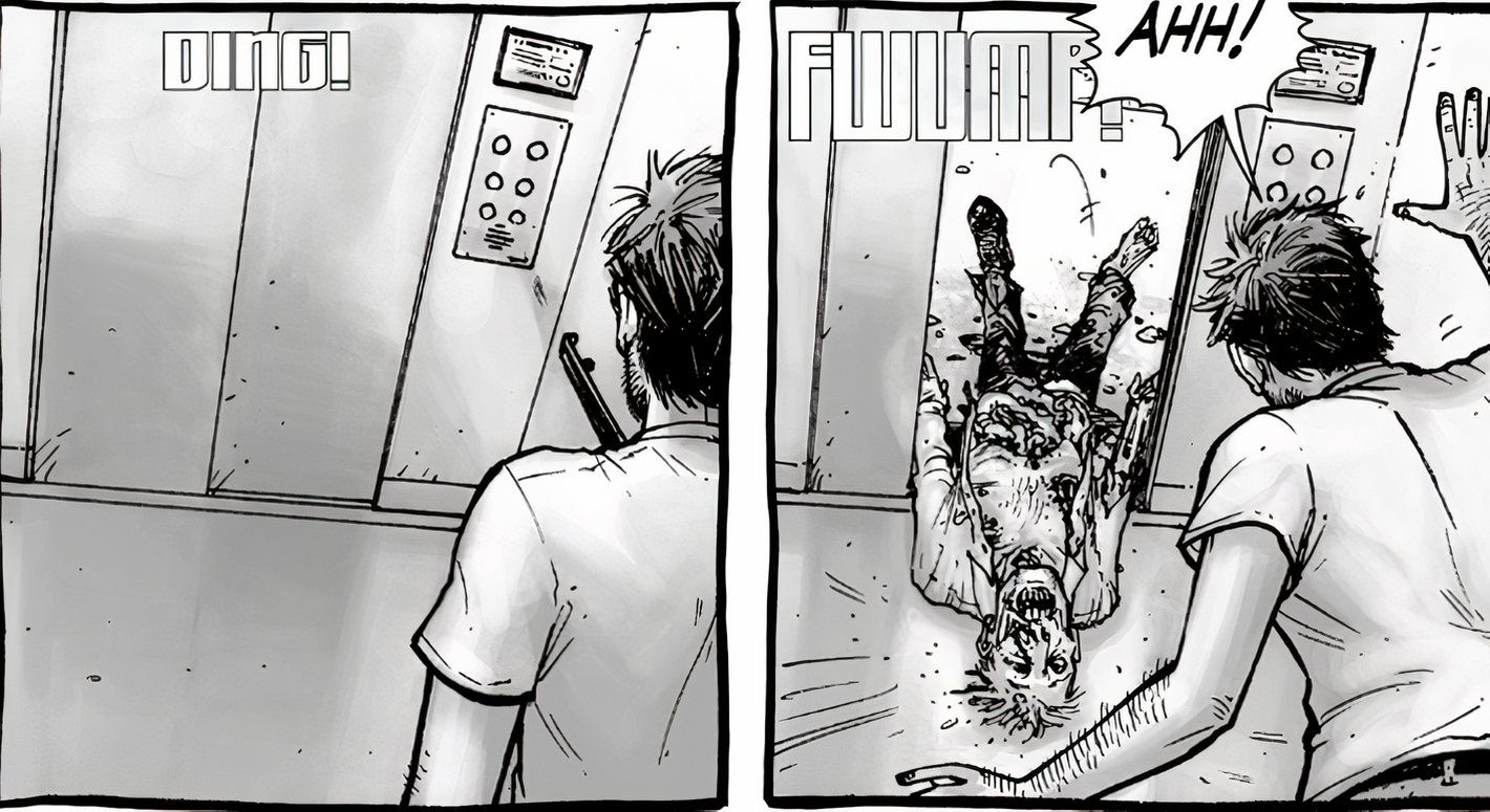 The Walking Dead #1, Rick Grimes is shocked when a zombie corpse falls out of the hospital elevator