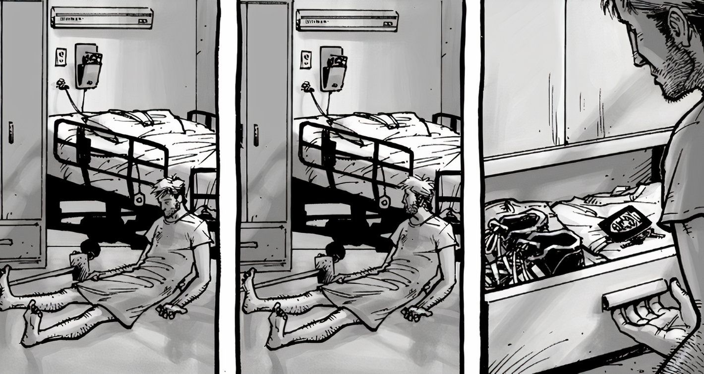 The Walking Dead #1, Rick sitting by his hospital bed, then finding his clothes in a drawer