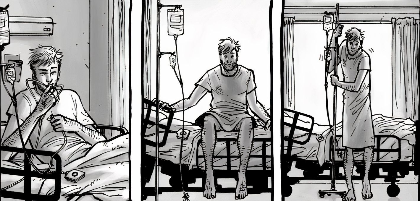 The Walking Dead #1, Rick sitting up in his hospital bed and trying to stand