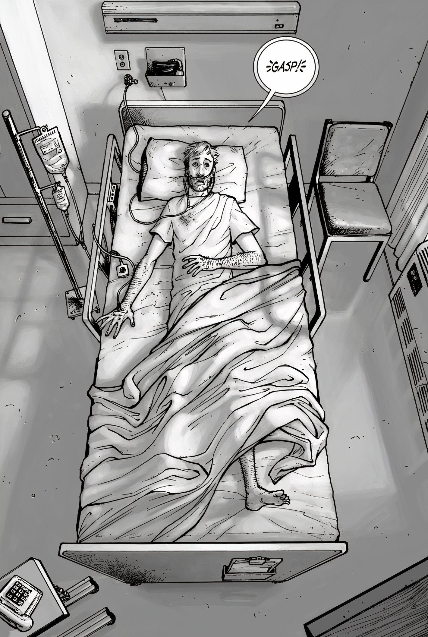 The Walking Dead #1, Rick wakes up from his coma with a gasp.