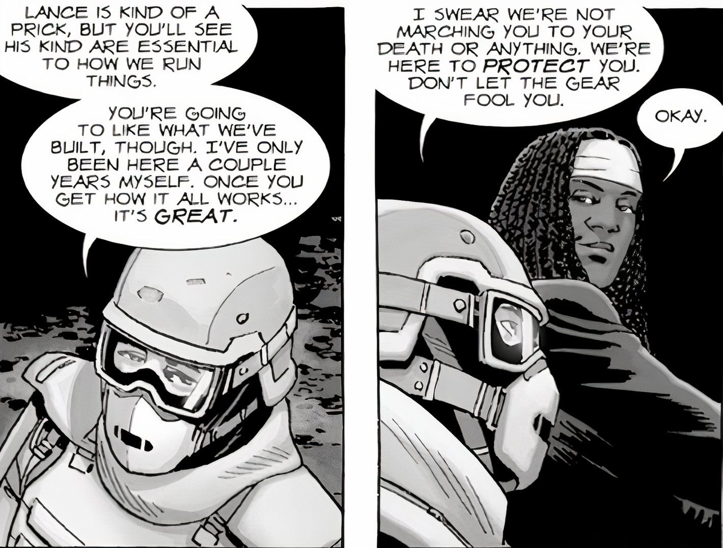 The Walking Dead #175, an armored Commonwealth trooper reassures Michonne that it is a great place