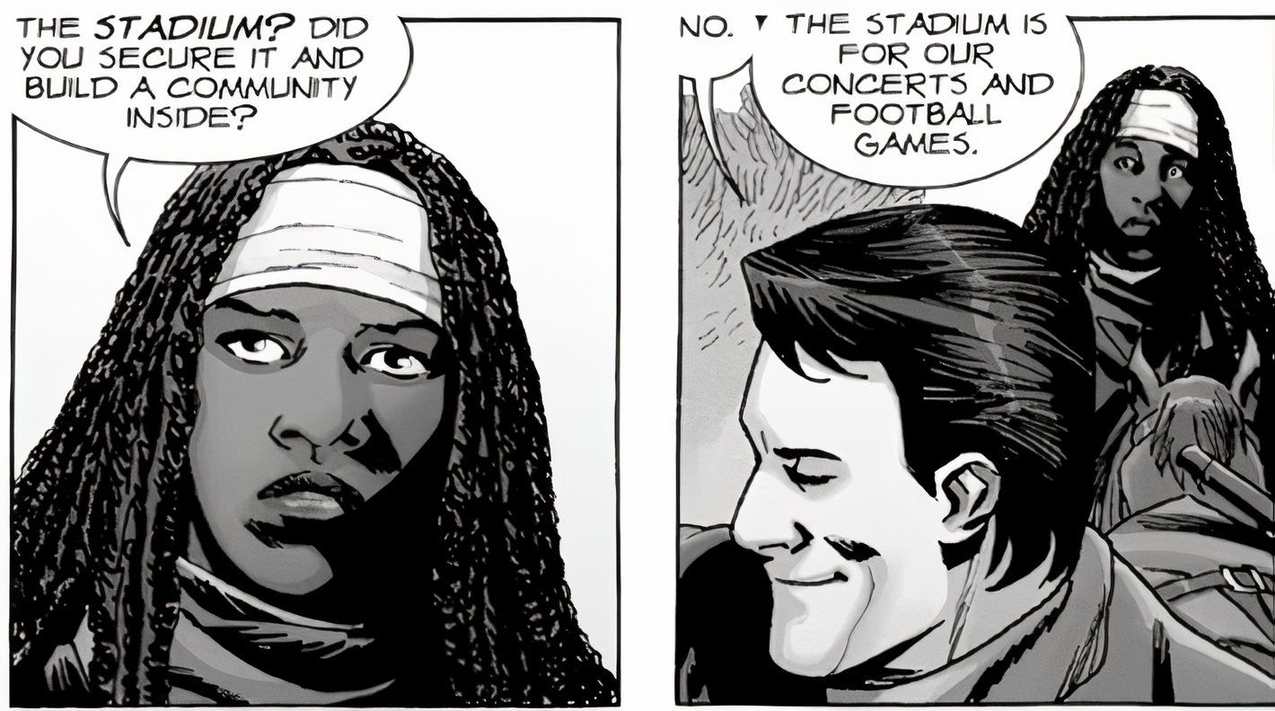 The Walking Dead #175, the Commonwealth is revealed to have both concerts and sporting events, held in a large stadium