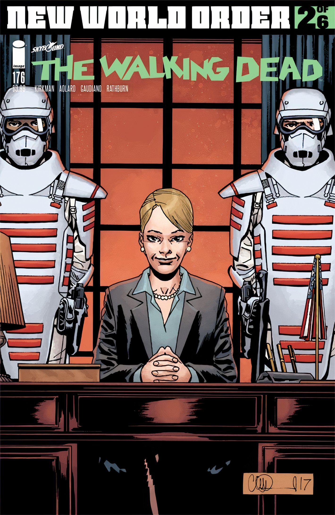 The Walking Dead #176 cover, leader of the Commonwealth behind her desk, flanked by two heavily armored guards