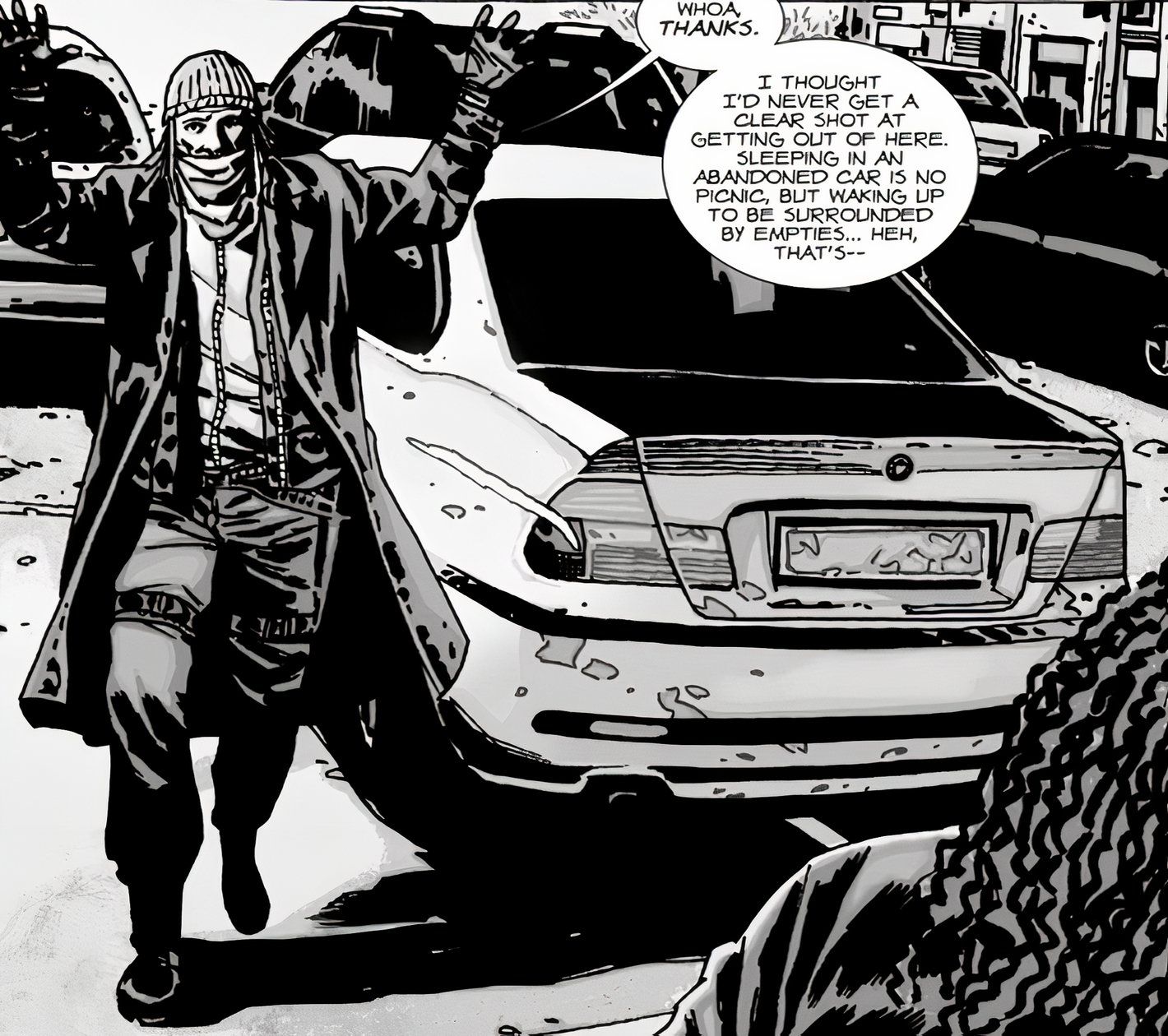 The Walking Dead #92, Jesus Monroe, with his hands up, approaches Michonne and refers to zombies as 'empties'