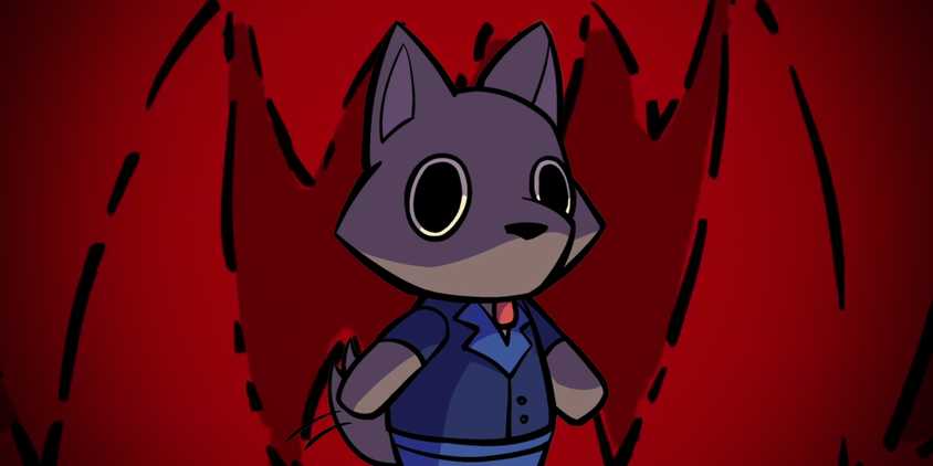 A cute cartoon werewolf, Kyle with red bloody wolf teeth behind him