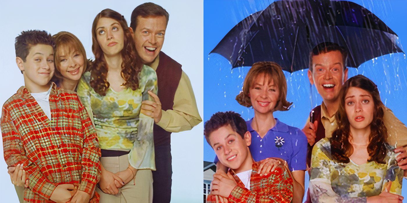 Side by side images of the family from the canceled sitcom The Pitts posing for photos against a white background and in the rain