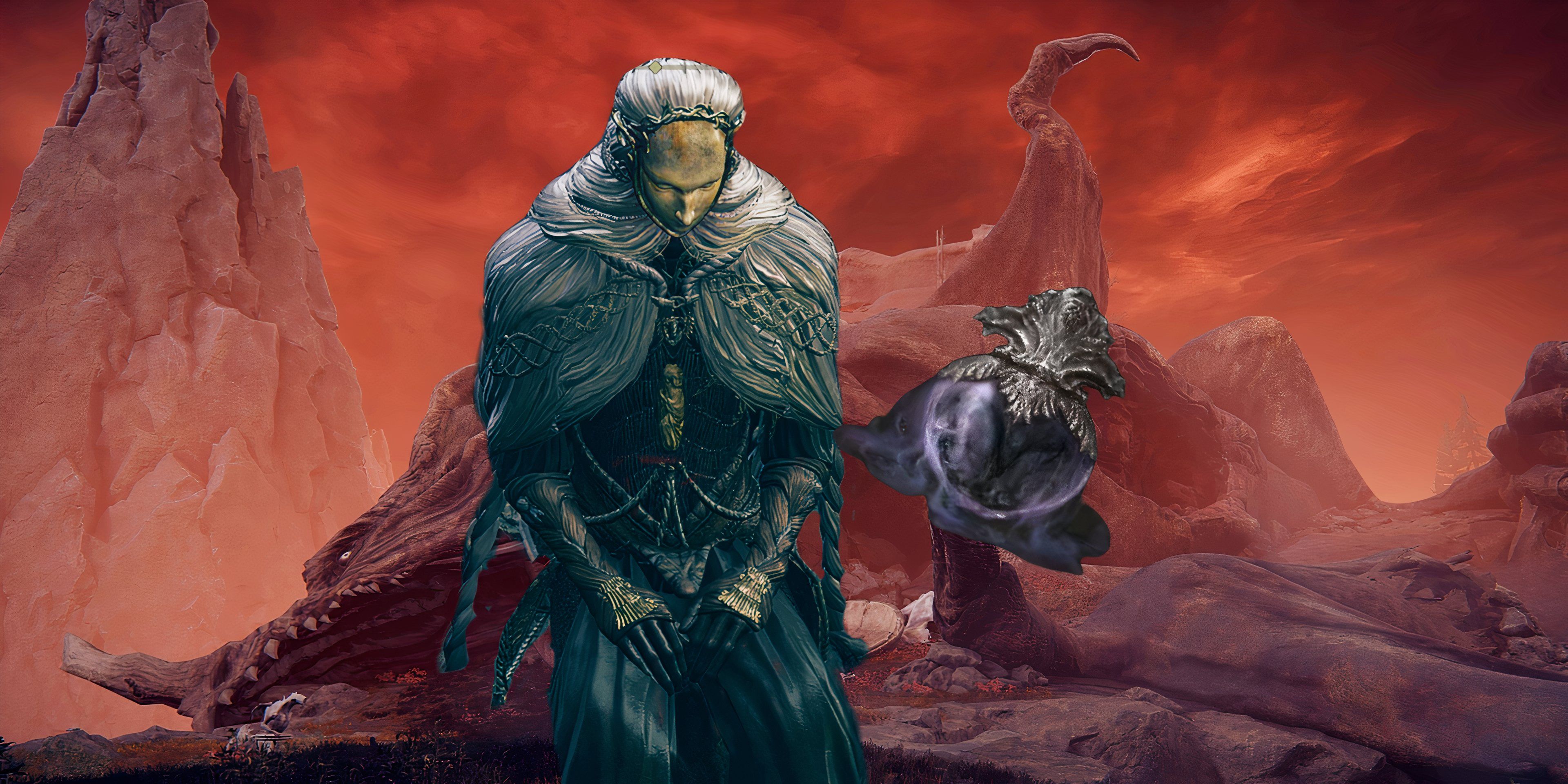 Thiollier, a forlorn man with a white mask, and a bottle of his concoction in front of the Grand Altar of Draconic Communion in screenshots from Elden Ring - Shadow of the Erdtree.
