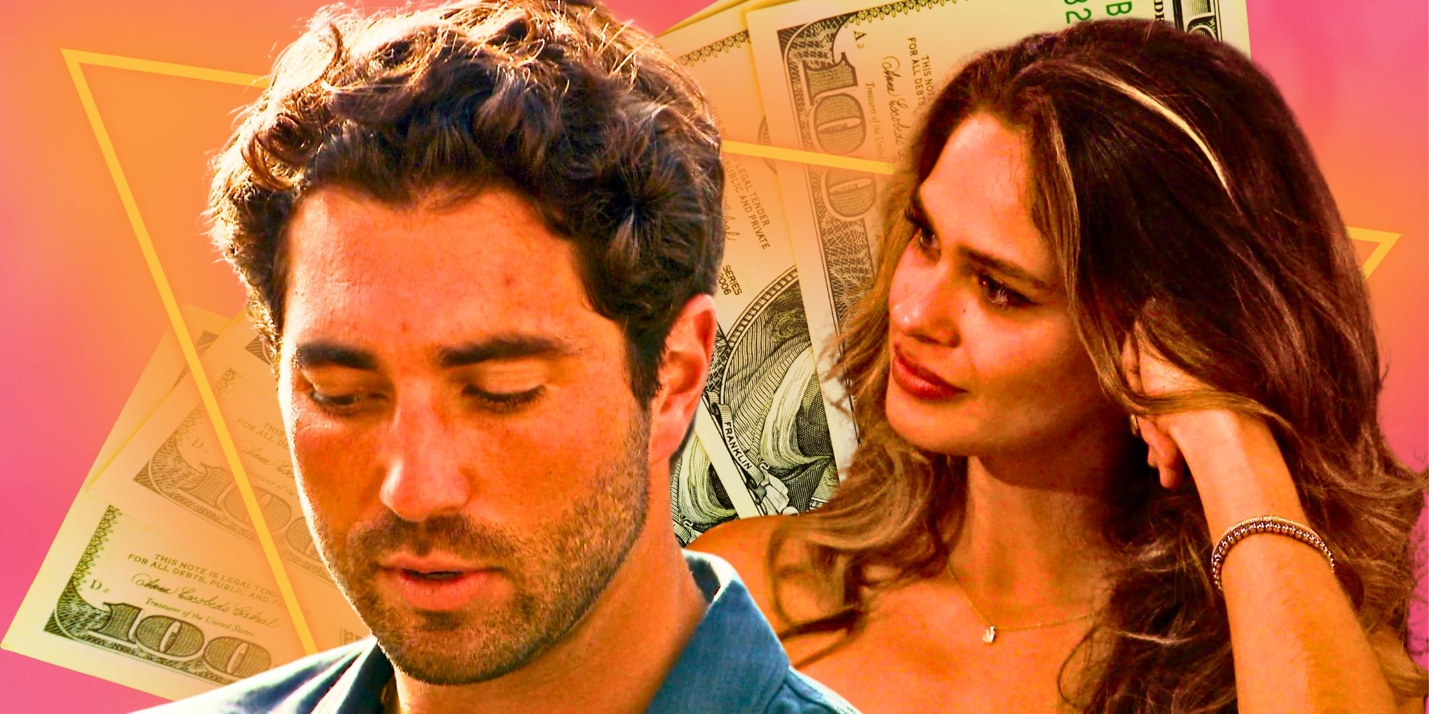 The Bachelor's Joey Graziadei looks down & Kelsey Anderson gets emotional, in front of $100 bills.