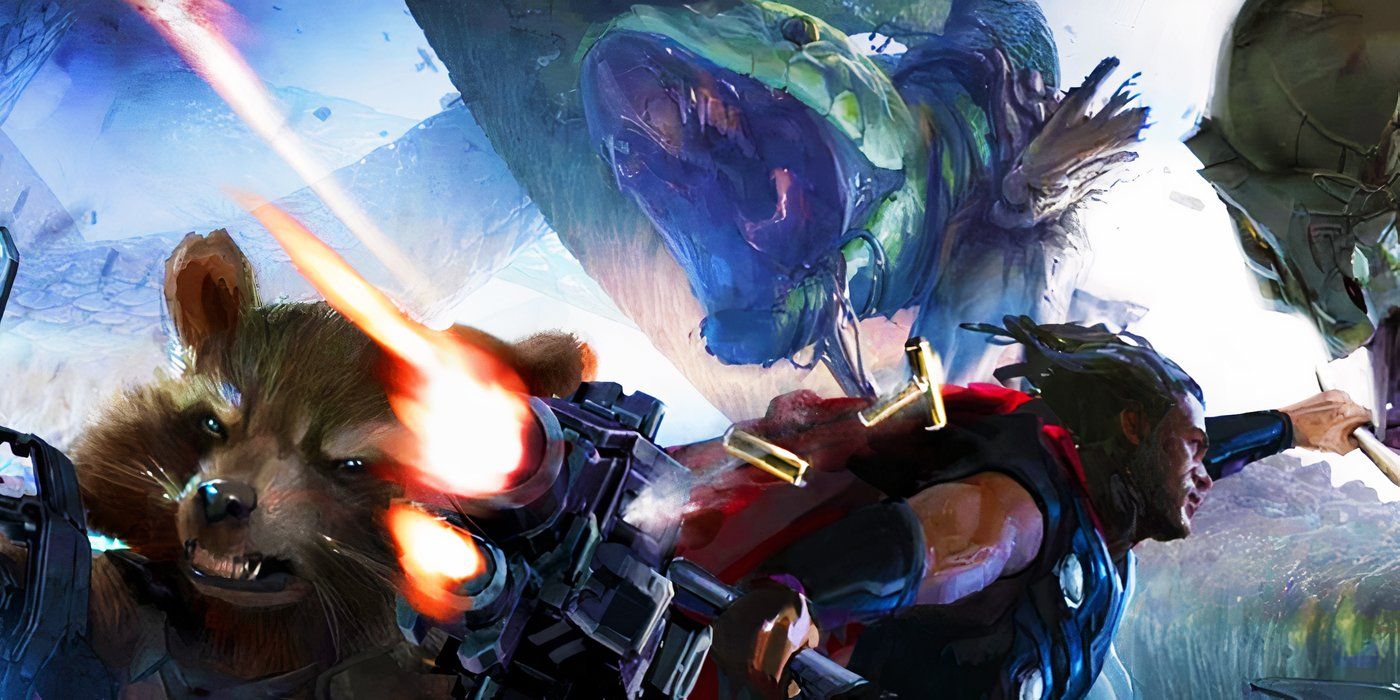 Thor and Rocket fighting World Serpents in Avengers Infinity War concept art