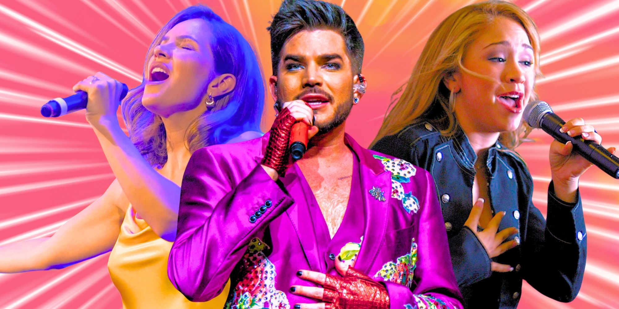 American Idol&rsquo;s Katharine McPhee, Adam Lambert and Diana DeGarmo sing into mics in a montage image.