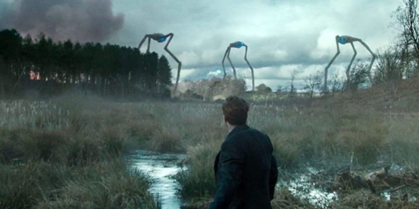 Three Tripods walking towards George (Rafe Spall) in The War of the Worlds.