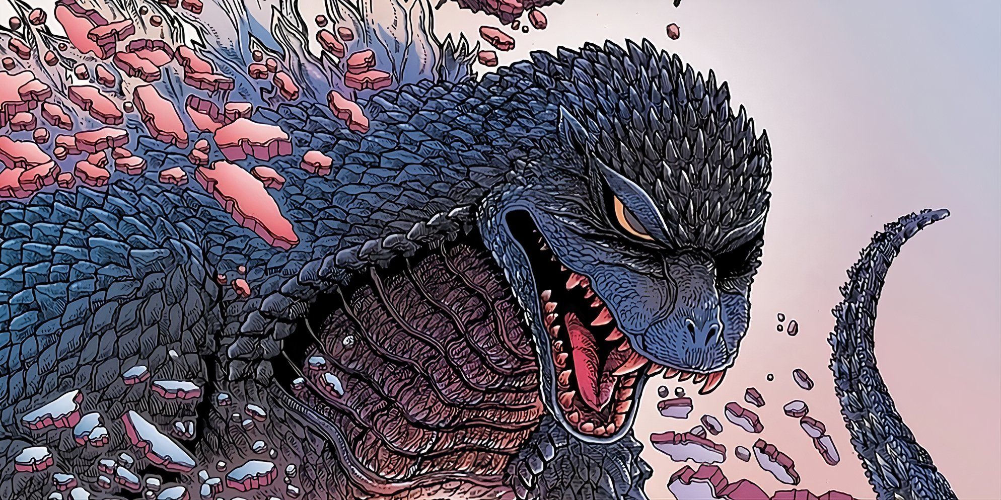 Godzilla prepares to roar in this traditional Japanese art style.