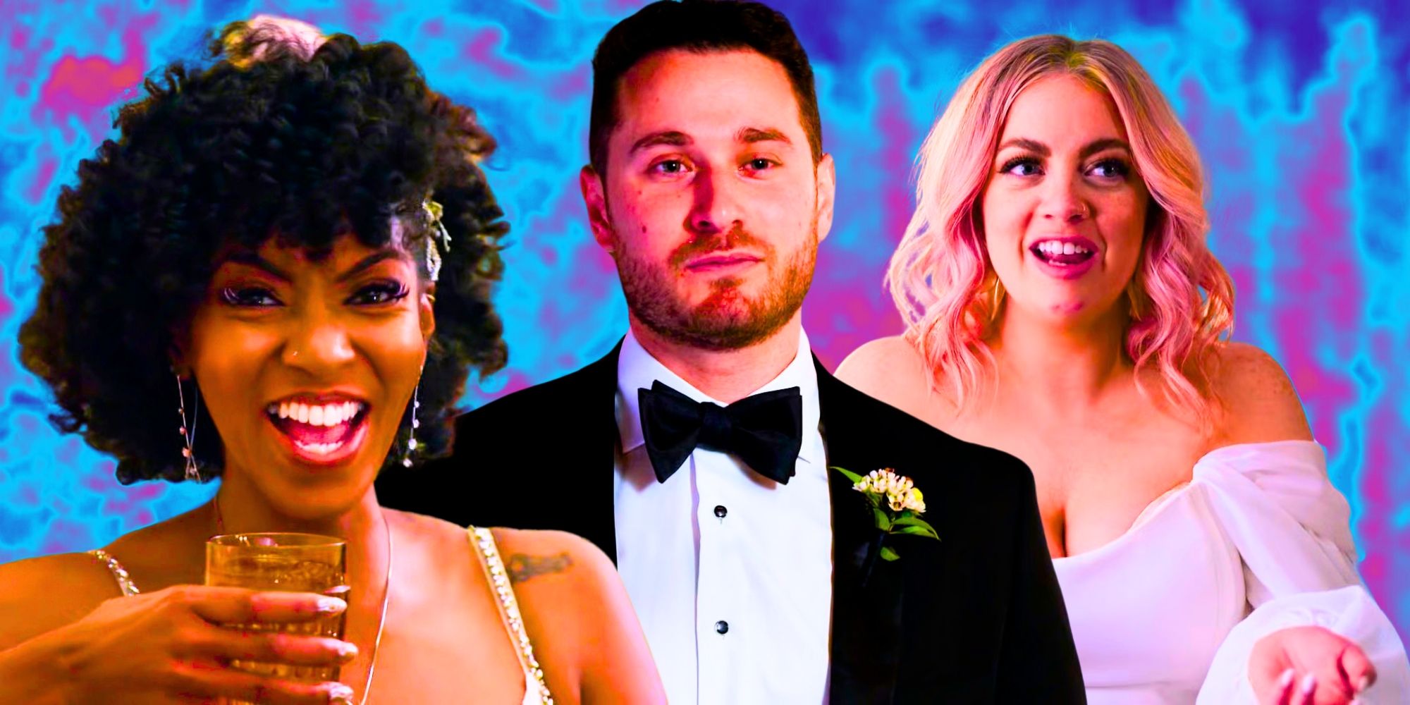 Elenco da 17ª temporada de Married At First Sight sorrindo, segurando uma bebida e vestidos