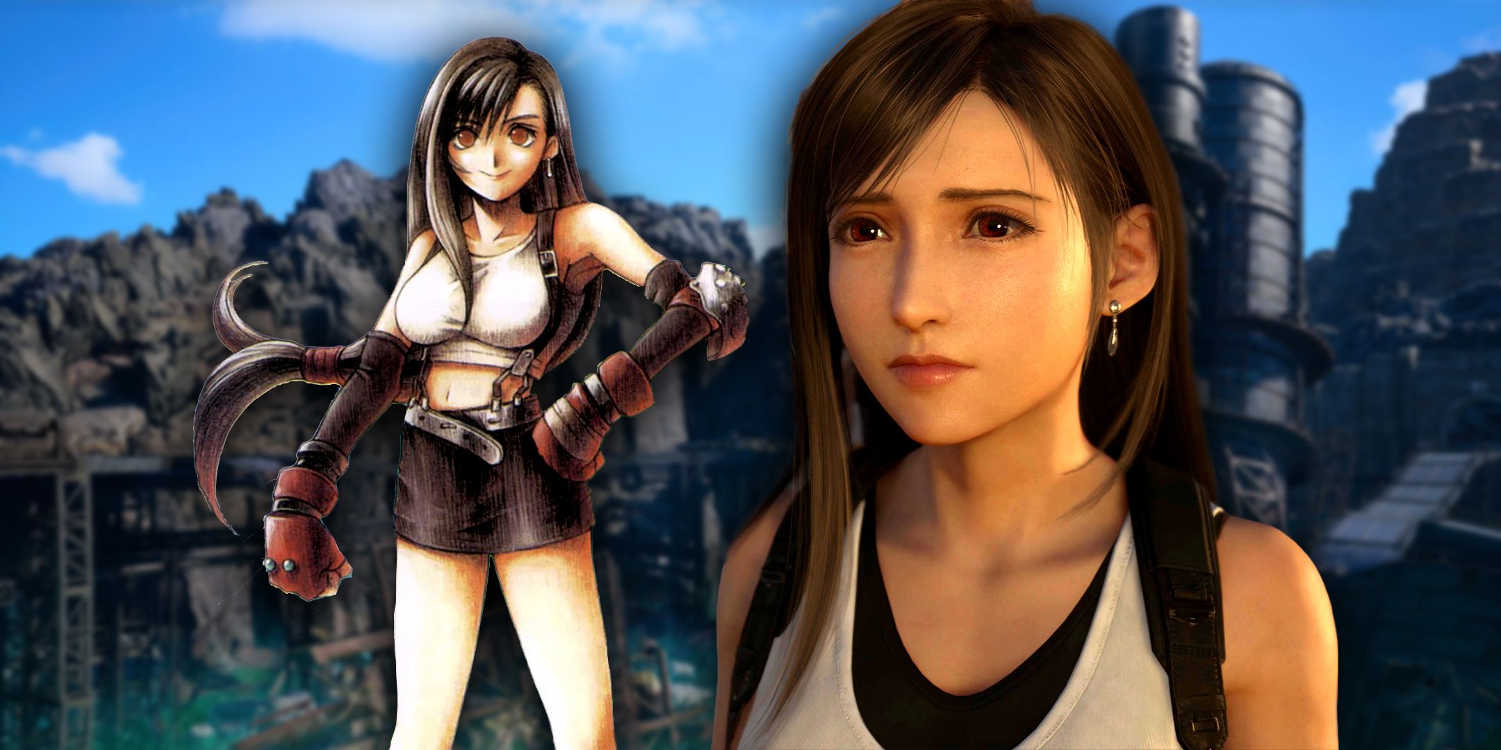 Tifa Lockhart original FF7 art next to the character as depicted in FF7 Rebirth.