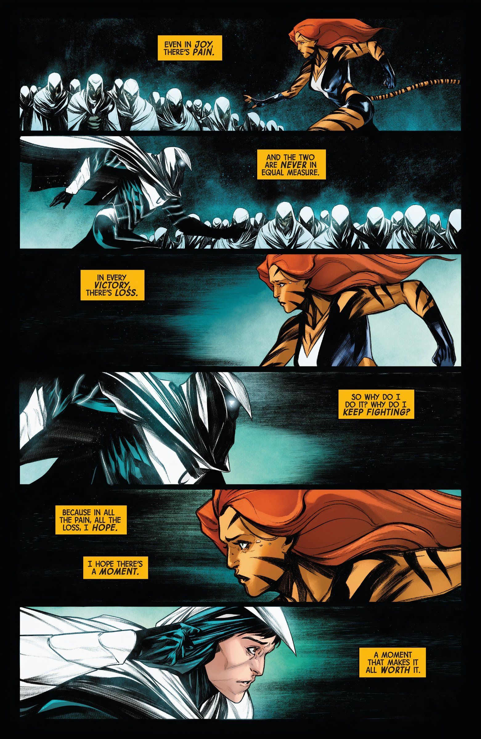 Seis painéis de Moon Knight e Tigra correndo um em direção ao outro