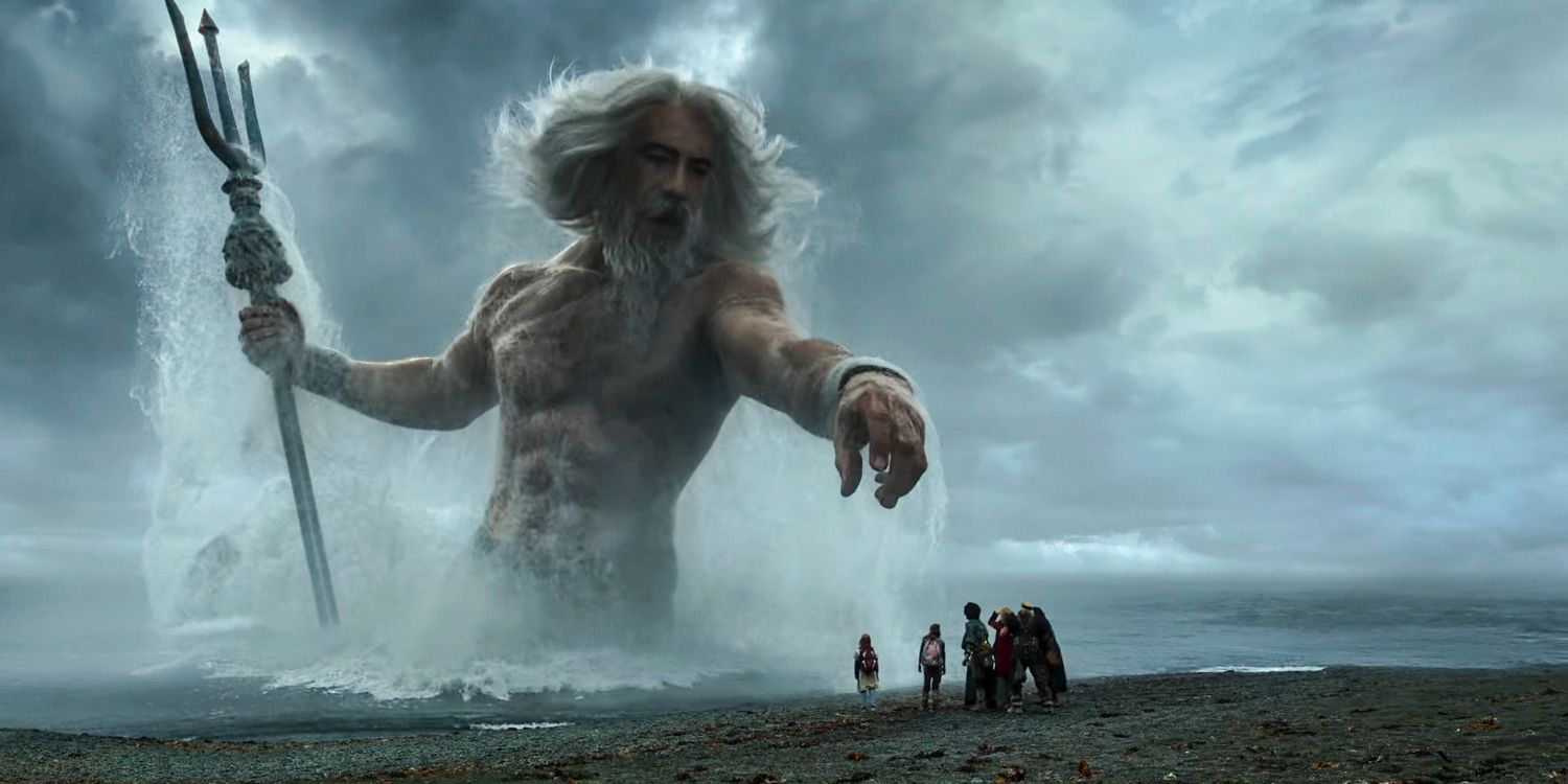 Poseidon pointing at the bandits in Time Bandits