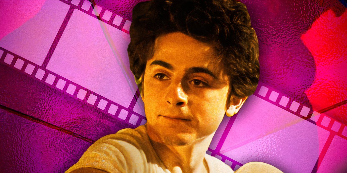 Timothee Chalamet from A Complete Unknown in front of a Movie Reel
