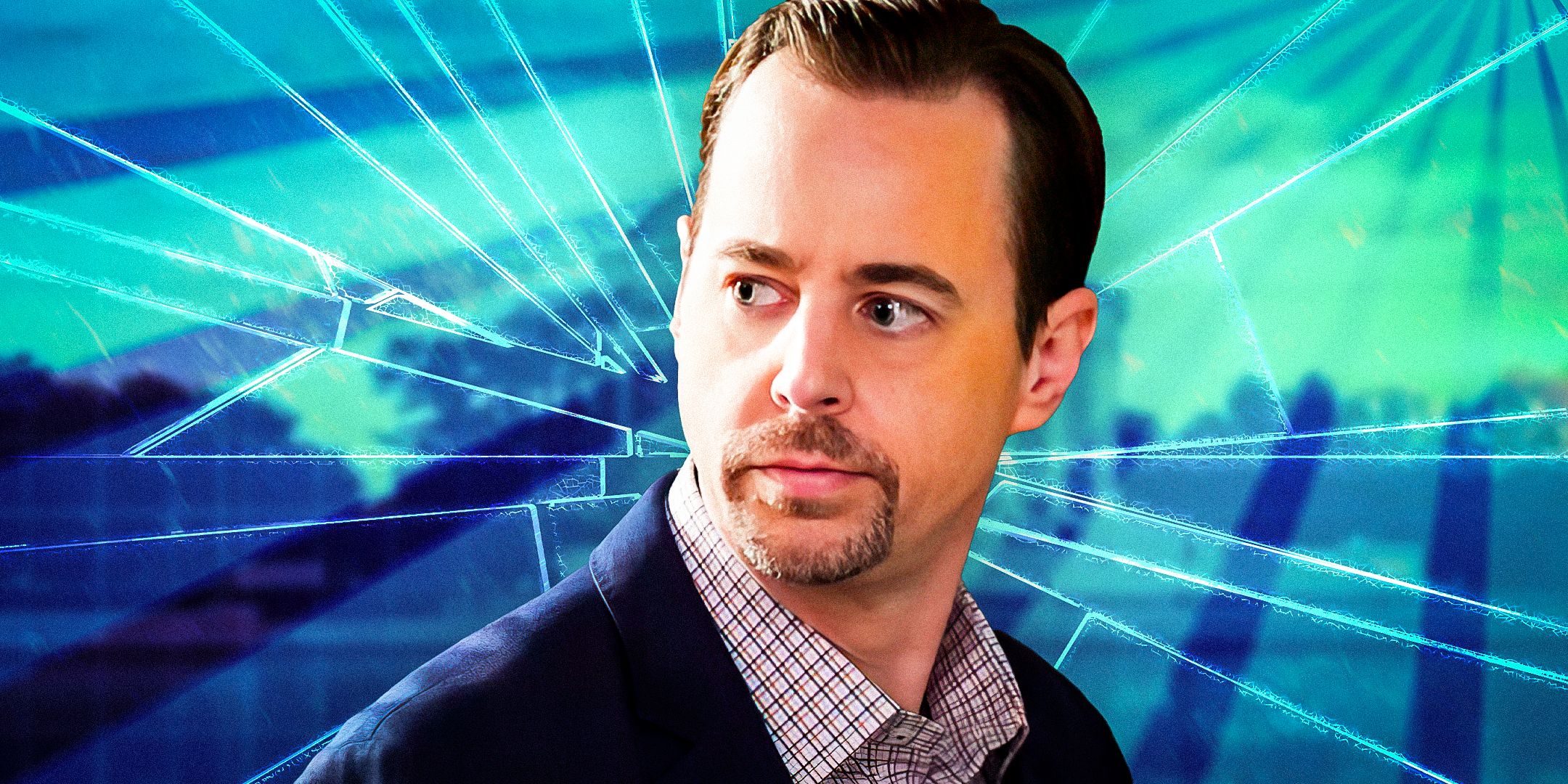 A custom image of Sean Murray as Timothy McGee in NCIS with blue and teal background tones