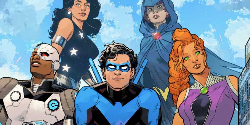 Comic book art: Nightwing, Cyborg, Starfire, Donna Troy, and Raven pose as the Titans.